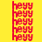 Yellow background with red rectangular blocks and repeated red text 'heyy' in vertical
