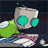 Pixelated cartoon character with large teal eyes, green body, and pink-and-white lower section in a of six identical frames