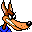 Pixelated cartoon fox with orange body, brown head, and blue feet standing on gray background.