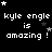 Pixelated text repeats 'kyle engle is amazing!' with scattered stars on a black background, showing animation changes in star positions across frames.