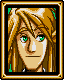 Pixelated character with long blonde hair and green eyes in a golden frame, showing multiple facial expressions including closed eyes and smiling.