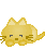 Pixelated yellow cat with closed eyes and whiskers in four static poses, each with distinct gray text or shape patterns above it on a light gray background.