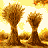 Two pixelated tree-like shapes with brown trunks and yellow-orange foliage against a bright yellow background.