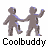 Animated contact sheet of 15 frames showing a pixelated stick figure buddy icon performing various poses and interactions with another figure, all labeled "Coolbuddy" below each frame.
