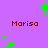 Purple background with repeated green pixelated square animations and red text reading 'Marisa' in four positions.