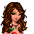 Pixel art contact sheet showing two frames of a cherry-themed animated buddy icon with a female character in red dress and text "cherry chic".