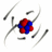 Pixelated icon with central red and blue cluster surrounded by gray curved lines on white background.