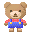 Pixelated teddy bear in red checkered shirt and blue overalls with yellow suspenders, standing against gray background.