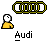 Pixel art buddy icon with yellow-shirted figure, 'Audi' text, and changing chain symbols above.