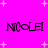 Bright pink background with scattered white plus signs; four identical pixelated text instances of "NICOLE" in black with purple outline arranged in two