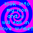A static pixel art image with a blue background and pink spiral pattern, featuring cyan text reading "look into my icon and u will fall in love w/me!!love w/me!!" repeated four times.