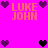 Pixelated icon with bright pink background, orange 'LUKE JOHN' text repeated four times, and purple/black heart symbols in corners and center.