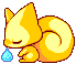 Animated pixel art contact sheet of a yellow squirrel-like creature with closed eyes and a curled tail, showing sequential frame changes in pose and expression while holding a blue teardrop object against a gray background.