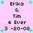 Pixelated text and green plus symbols on a pink background, with two identical side-by-side layouts showing 'Erika & Tim 4 Ever 3 -20-08' in black font.