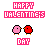 Pixel art animation of two birds with a heart symbol, surrounded by 'HAPPY VALENTINE'S DAY' text in pink block letters on white background.