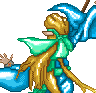 Pixel art character with long golden hair, green and blue armor, holding a large blue shield, standing in profile against gray background.