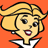 Pixelated cartoon-style icon of a blonde woman with orange background, white collar, and red lips.