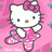 Pixelated Hello Kitty character in pink dress with blue accents on pink background, one version with 'hello kitty rules' text overlay.