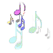 Animated sequence of colorful musical notes in various sizes and colors floating against a white background.