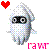Pixelated squid-like character with large eyes and a white mask, displayed in three variations with red, purple, and blue heart symbols above each.