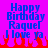 Pixelated blue text on bright purple background with red flame-like shapes at bottom, reading "Happy Birthday Raquel I love ya" in two identical side-by-side
