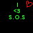 A static pixel art image with green and red elements on a black background, featuring vertical lines, arrows, text, and a heart symbol.