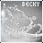 Pixelated grayscale image with the name 'BECKY' in blocky white text at top-right, featuring abstract light and dark shapes resembling a stylized figure or pattern.