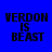 Four display 'VERDON IS BEAST' text in black pixelated font on blue, gray, yellow, and gray backgrounds