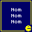 Four identical blue square with yellow borders, each containing three stacked 'Nom' texts and a yellow Pac-Man icon at bottom-right corner