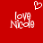 Red background with white pixelated text 'love Nicole' and a heart symbol above, two versions of the same design side-by-side.