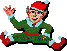 Pixelated elf in green outfit with red belt and blue cuffs, red hat with blue pom-pom, red shoes, waving hand in four sequential poses.