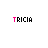 Pixelated icon set displays 'TRICIA' text with varying underline styles and pink heart symbols in a