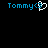 Two side-by-side pixelated text strings on black background, each reading "Tommy<3" with the heart symbol animated as a white outline that fills to solid blue.