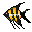 Six pixelated angelfish icons arranged in two , each with black, yellow, and orange stripes on a gray background