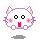 Pixel art cat face with pink blush, black eyes, and purple outline; left view shows open mouth with red tongue, right view shows closed mouth.