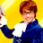 Pixelated static image of a character with brown hair in a blue jacket and white shirt against a yellow background, holding an object in the left hand.