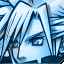 Pixelated cartoon character with light blue hair and eyes, showing two sequential expressions: neutral face then closed mouth with three dots.