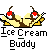 Pixelated image of two ice cream cones with cherries on top, labeled 'Ice Cream Buddy' in blocky text below.