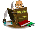 A cartoon figure with glasses reads a large brown book titled 'Accounts' while seated at a desk with a quill, inkwell, and stacked books.
