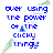 Pixelated blue text reads 'over using the power of the clicky thing' on white background with green pixel clusters at top-right and bottom-left.