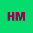 Green background with magenta 'HM' text in pixelated font, showing slight color bleeding on edges.