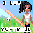 Pixel art icon of a girl with dark hair in a ponytail holding a pink bat, standing on green grass with a baseball and blue sky background, text reads "I LUV SOFTBALL".