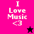 A split-screen icon with four quadrants displaying "I Love Music <3" text in white pixelated font on pink, purple, black, and magenta backgrounds, each with a small star symbol.