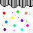 Static pixel art displays a white background with scattered colored plus signs and small squares in various hues, bordered by black-and-gray striped pattern at top.