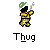 Pixel art character in camouflage attire with green cap, holding a smoking object against gray background; text "Thug" below.