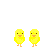Animated contact sheet of 8 pixel art chick frames arranged in a 3x3 grid with gray background, showing sequential movement and pose changes.