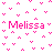 Pixelated pink text reading "Melissa" appears twice on a white background, surrounded by scattered small pink heart shapes.