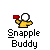 Pixelated character in yellow shirt holds red object, white circular head, gray background, text 'Snapple Buddy' below.