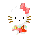 Pixelated white cat with black eyes and nose, brown whiskers, pink bow on head, wearing red dress with green accents. Two side-by-side views show identical pose.