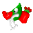 Pixelated green character with single eye, white mouth, and white limbs holding red heart-shaped objects against gray background.